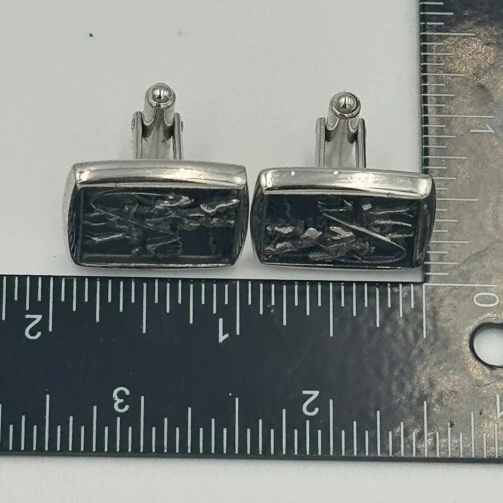 Silver Tone Fly Fisherman Cufflinks Mens Rectangular Fishing Scene‎